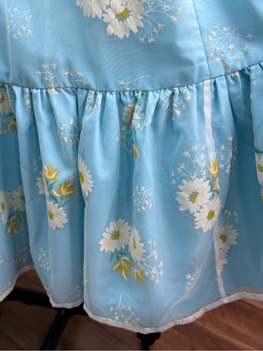 Vintage 60s Sky Blue Prairie Flocked Daisy Floral Ruffled Maxi Dress SMALL EUC - Picture 12 of 16